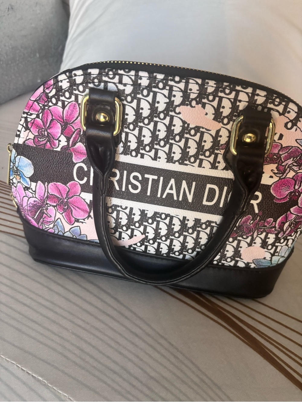 Inspired Dior Black Trim Floral Logo Dome Bag with Pink Accents - Picture 5 of 11